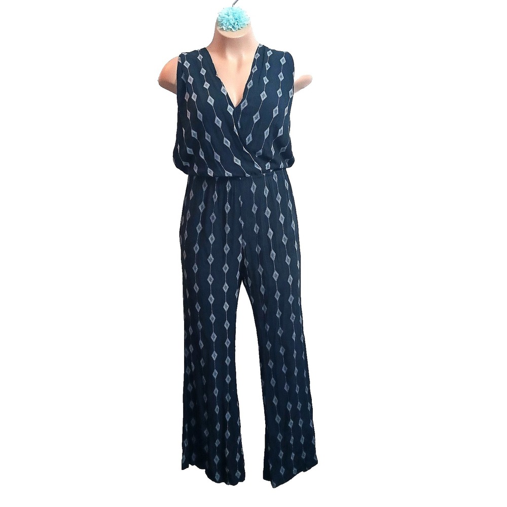 Indah Women Jumpsuit Large Blue Indigo Diamond Ember Surplice Neckline Hippie